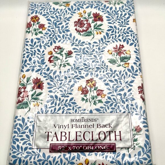 VTG HomeTrends Vinyl Tablecloth Flannel Back 52”x70” Oblong Blue Leaf Floral NEW - Picture 1 of 3
